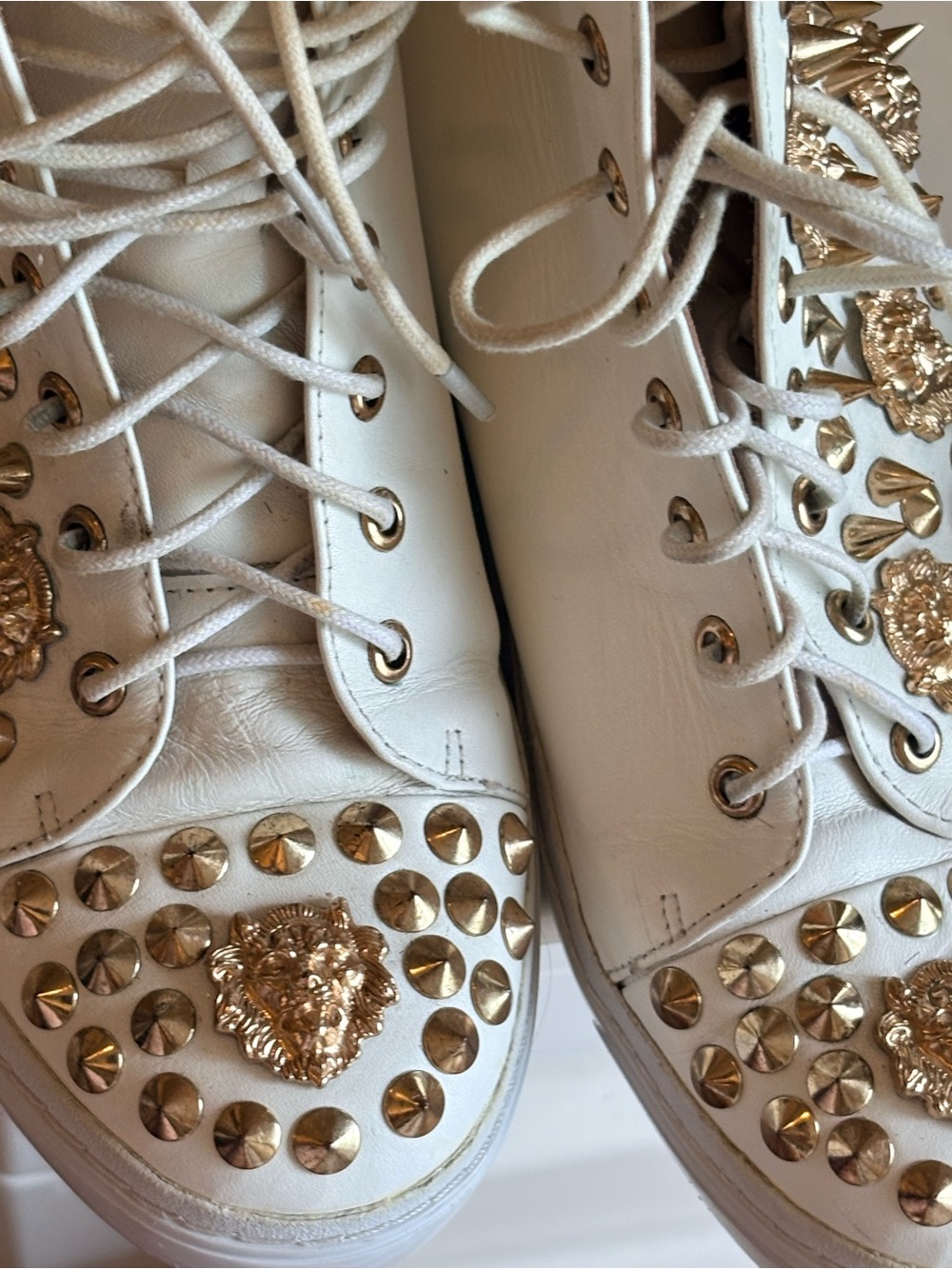 Jeffrey Campbell White High-Top Sneakers with Gold Studs & Lion Motifs